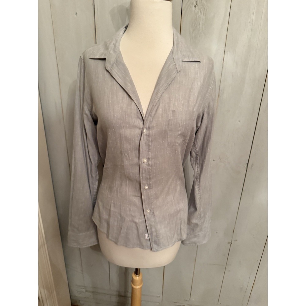 Frank Eileen Barry Shirt Top Button Up Blouse Gray Small White Polka Dots Sz-S